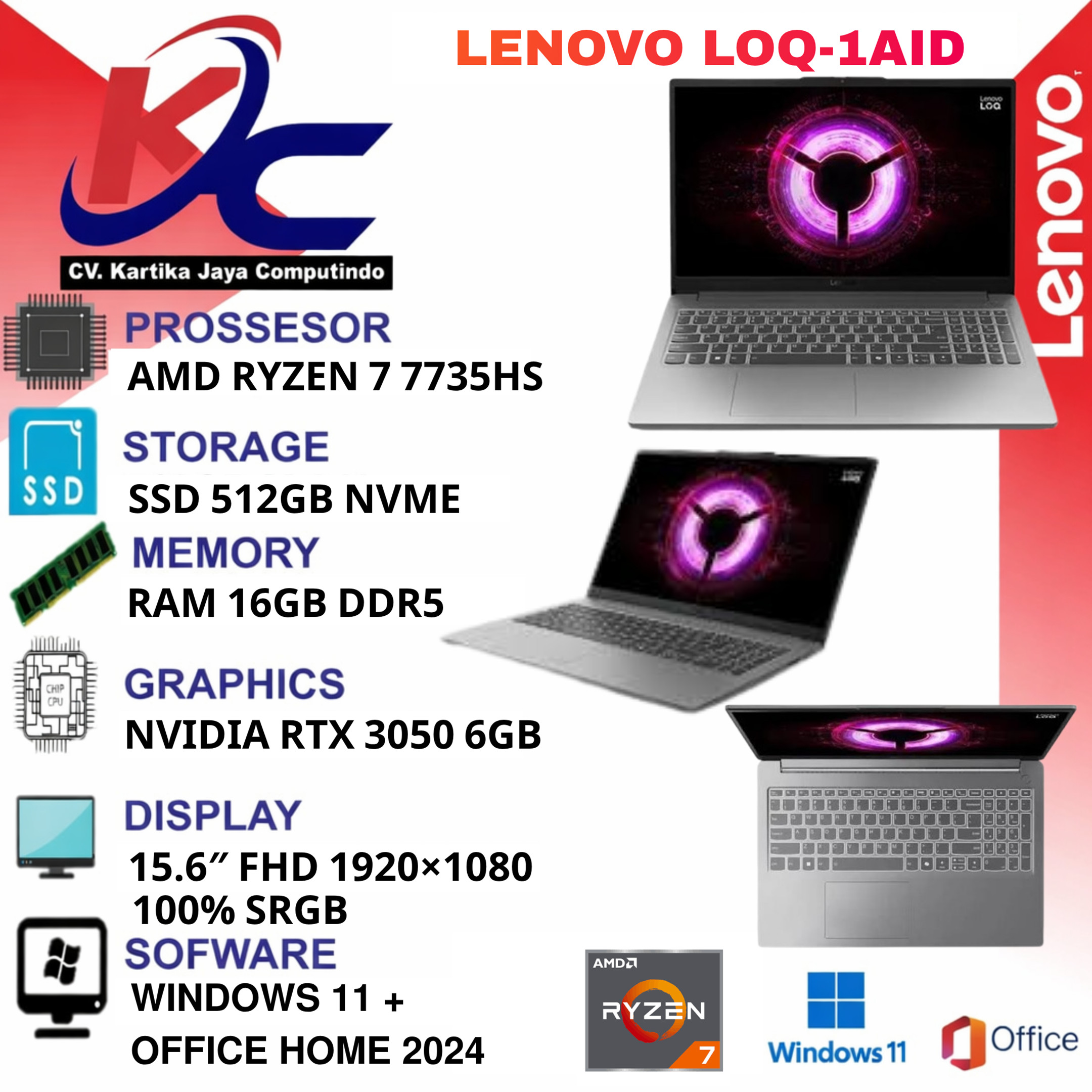 LENOVO LOQ - 1AID  RYZEN 7-7735HS/ 16GB/ SSD 512/ RTX3050/ W11 OHS+M365 GREY
